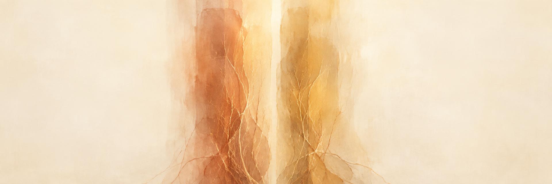 An abstract banner painting: two soft, luminous forms standing close together in warm light, with delicate root-like threads rising beneath them and dissolving into light.