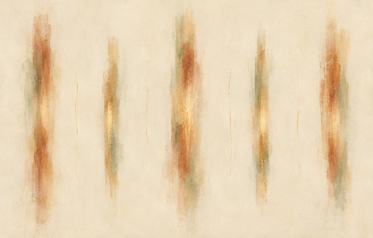 An abstract painting: five slender vertical forms in warm terracotta, ochre and sage, spaced apart across a pale ground and joined by the faintest threads of gold light.